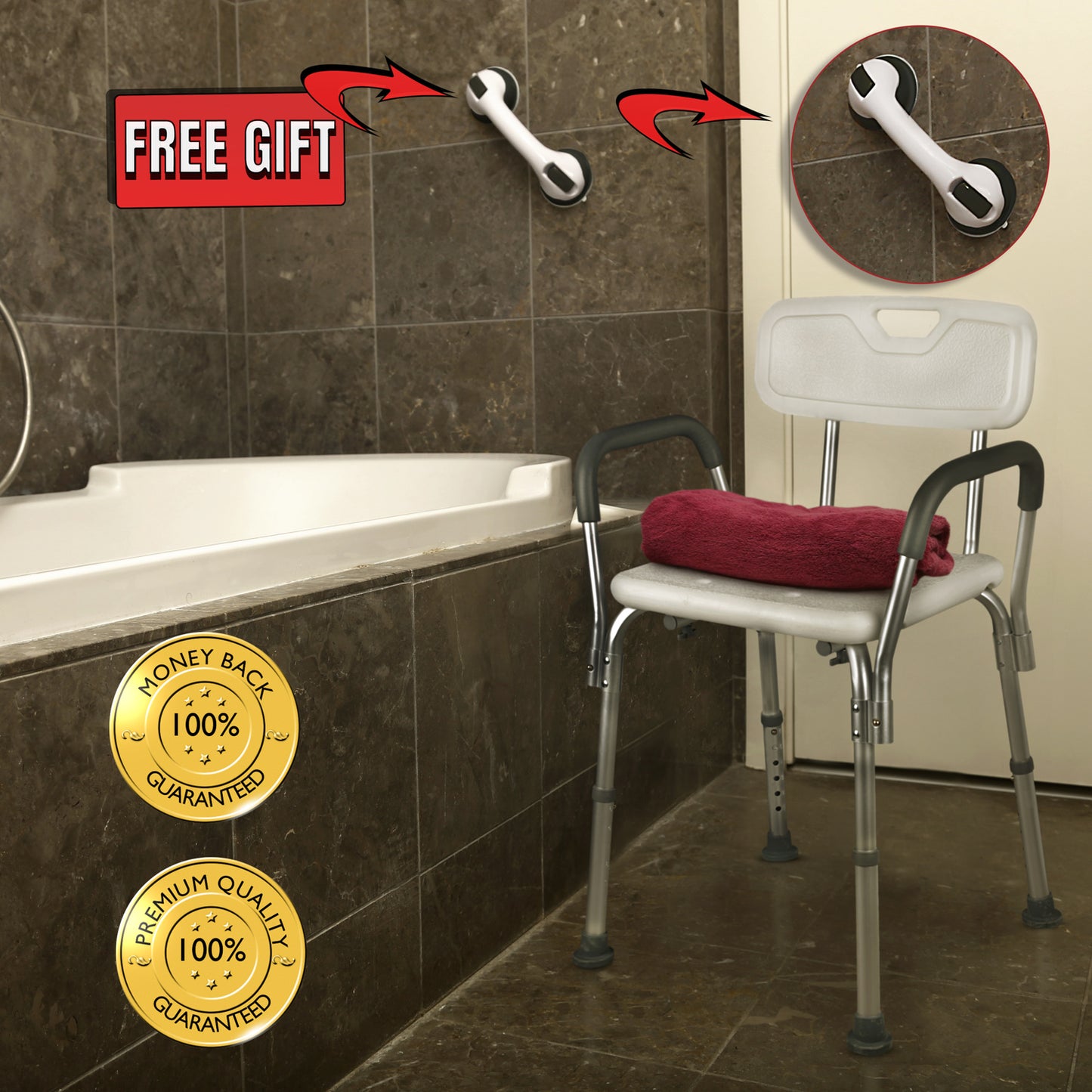 Adjustable Height Shower Chair / with Back & Arms